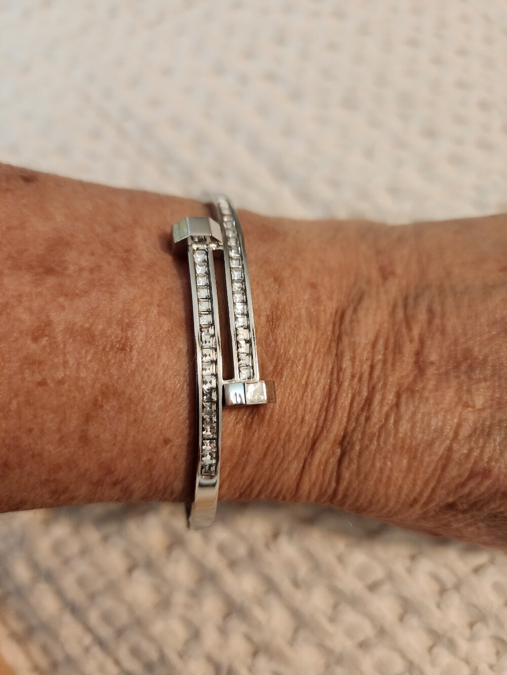 Silvertone With Crystal Bezel Oval Hinged Cuff Bracelet Minimalist
